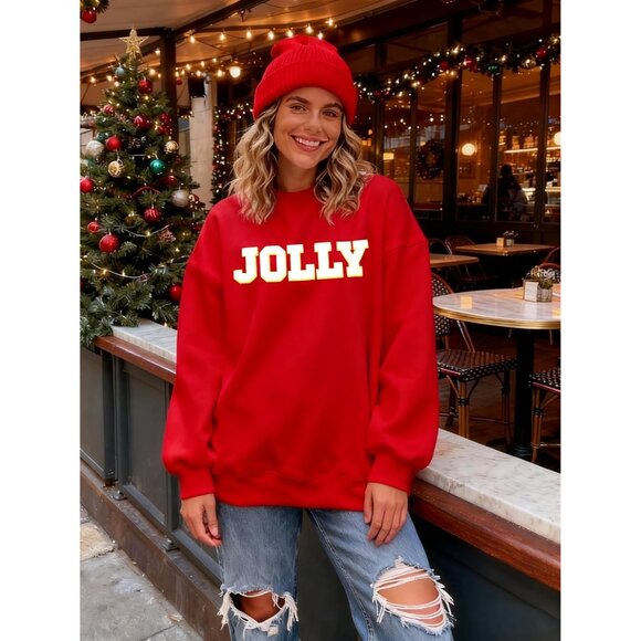 Women Christmas Sweatshirt Glitter Patch Letter Embroidered Striped Pullover - Picture 3 of 9